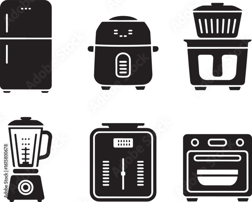 Collection of modern kitchen appliances depicted as simple black silhouettes on a light background including a refrigerator blender air fryer rice cooker scale and oven silhouette