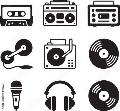 Retro music icons featuring a cassette tape boombox tape player record player vinyl records and microphone in a clean silhouette style