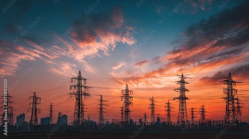 Fototapeta premium Silhouetted power lines at sunset