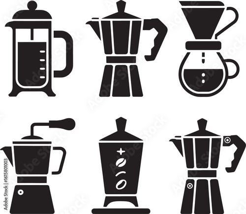 Collection of six black coffee brewing devices in a clean silhouette style on a white background featuring french press moka pot pour over and grinder