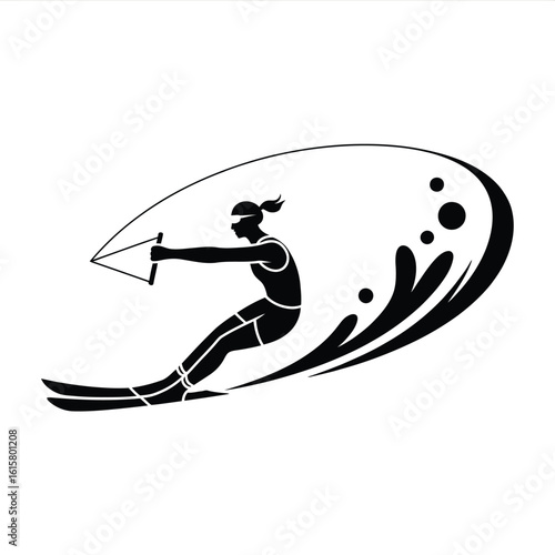 Silhouette of a woman water skiing with splashing water