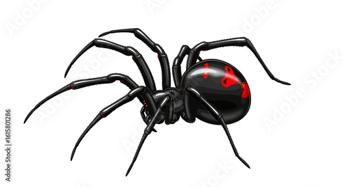 Highly detailed vector illustration of black widow spider with glossy black exoskeleton