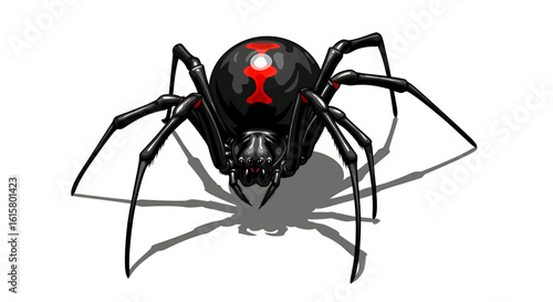 Glossy black widow spider vector with sharp fangs and dramatic shadows