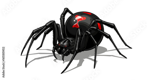 Black widow spider in aggressive attack pose with glowing red hourglass marking