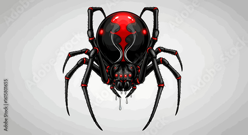 Black widow spider vector with exaggerated red hourglass and venom dripping from fangs