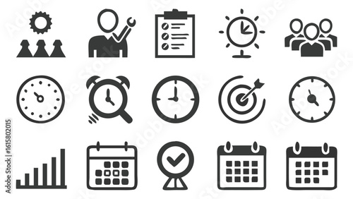 Business and Project Management Icons Set Depicting Planning Strategies and Timelines for Effective Teamwork