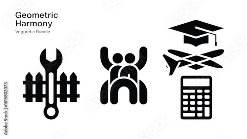 Geometric Harmony vector illustration with maintenance teamwork educational and financial symbols in black and white for modern minimalistic designs