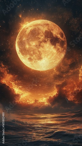 Dramatic Full Moon Over Ocean Waves at Night