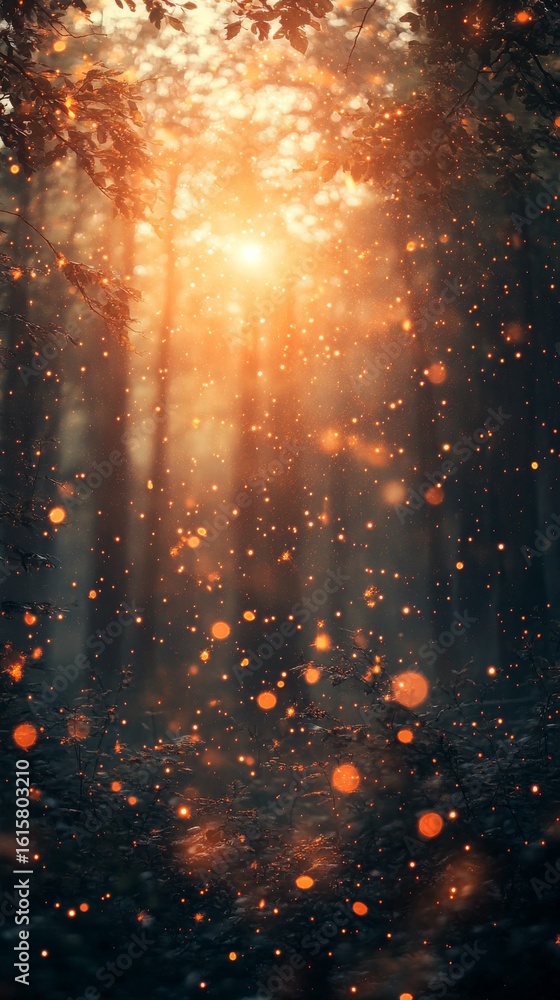 Naklejka premium Sunlight Streaming Through Forest with Floating Particles Creates Enchanting Scene