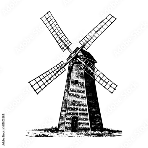dutch windmill in farmland sketch engraving black and white outline. Scratch board imitation.