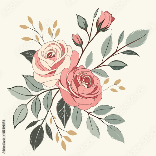 classic hand-painted floral arrangement with pink roses and buds