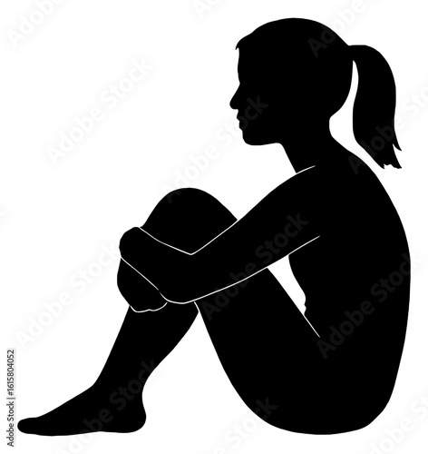 Silhouette of a person sitting with knees drawn up, black color isolated on white background