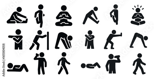Collection of fitness icons, including yoga poses, stretching, and drinking water. Scene is energetic and focused on health and wellness