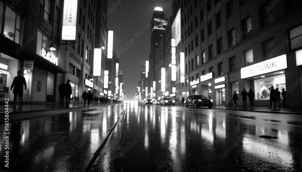 Fototapeta premium Night cityscape: Low angle view of illuminated skyscrapers on a rainy night, reflections shimmering on the wet pavement, neon signs glowing, in a futuristic metropolis.