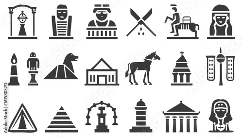 Collection of Ancient Civilization Icons Representing Historical Landmarks and Cultural Symbols from Various Ancient Civilizations