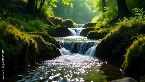 A clear stream flowing over moss-covered rocks in a lush green forest in Ireland, early morning light, mist rising from the water, vibrant green ferns and trees, dappled sunlight.
