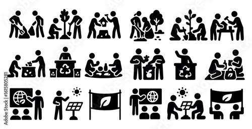 Series of black and white icons depicting various activities related to environmental conservation. The icons include people planting trees, recycling, and working together to protect the planet