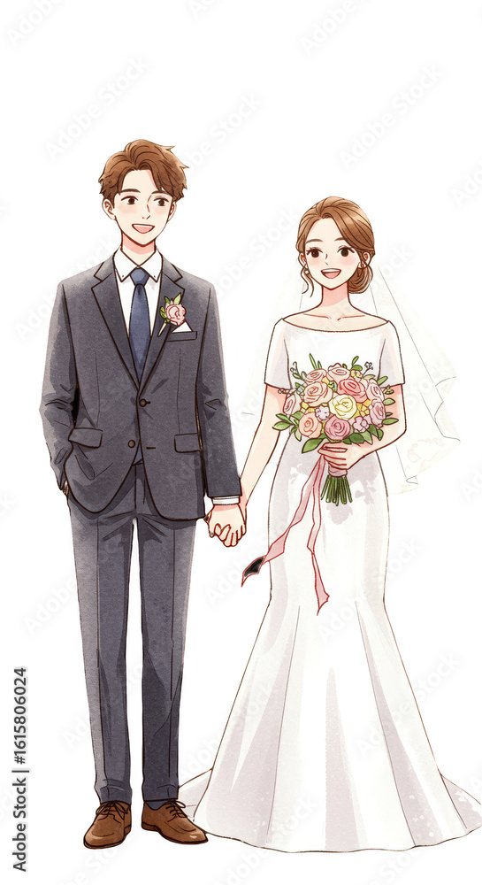 Wedding Illustration of Bride and Groom Holding Hands