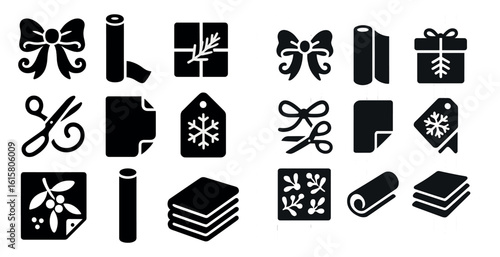 Variety of black and white icons, including scissors, a bow, and a gift. The icons are arranged in two rows, with the first row featuring a variety of items such as a roll of paper