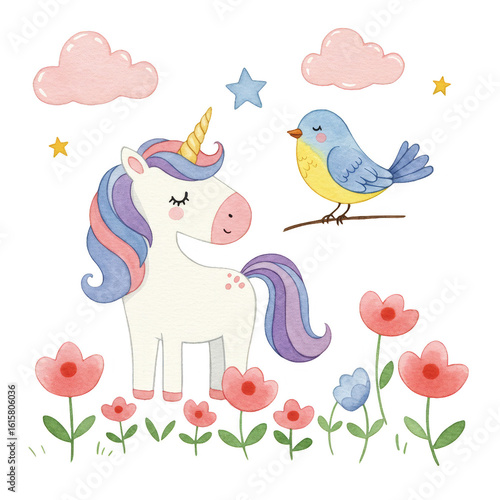 Watercolor Unicorn with Bird in Flower Garden Illustration