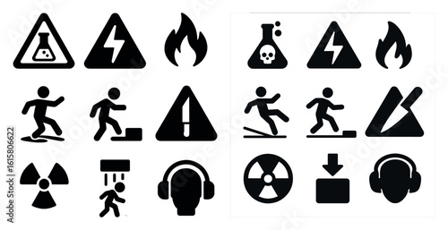 Collection of black and white icons, including a skull, a person falling, a person running, and a person holding a knife. The icons are arranged in a grid, with some overlapping each other