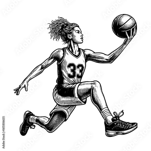 Woman basketball player slam dunk engraving black and white outline. Scratch board imitation.  illustrated in vintage line art style on a white background.