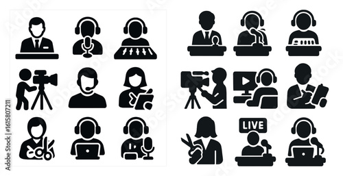 The image is a collection of various people in black and white, each with a different job or role. The people are wearing headphones and some are holding microphones