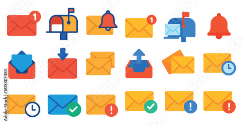 Collection of postcards with a clock on the right. The postcards are yellow and red