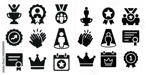 The image is a collection of various symbols and icons, including a crown, a trophy, and a star. Scene is celebratory and achievement-oriented, as these symbols are often associated with success