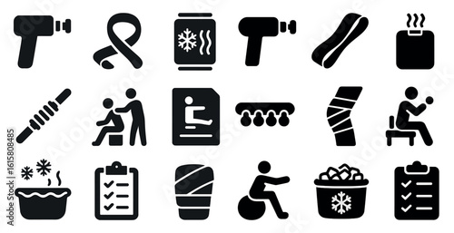 Collection of icons for various health and wellness activities. Some of the icons include a massage gun, a hot water bottle, a yoga mat, and a crutch