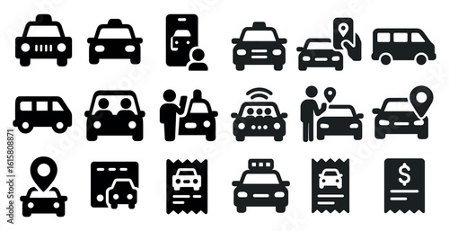 Collection of car icons, including a taxi, a van, and a car with a person in the driver's seat