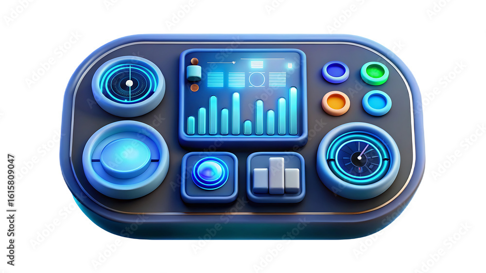 Fototapeta premium Futuristic digital dashboard with glowing blue gauges and graphs