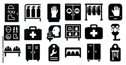Collection of safety symbols and signs. Scene is serious and important. The symbols and signs are meant to convey the importance of safety in various settings