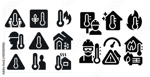 Set of icons for various temperatures, including hot, cold, and freezing. The icons are all black and feature a thermometer in the center. Scene is serious and informative