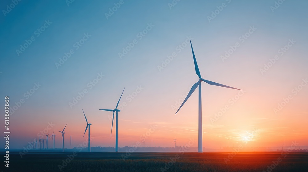 Fototapeta premium sunset over field of wind turbines equally spaced against clear sky
