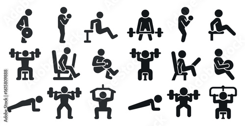 Series of fitness icons depicting various exercises and poses. Scene is energetic and focused on physical fitness