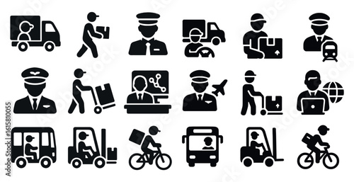 Collection of black and white icons of people in various work uniforms, including a police officer, a truck driver, a bus driver, and a delivery person