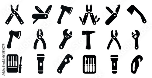 Collection of tools and equipment, including a hammer, pliers, and a knife. Concept of utility and practicality