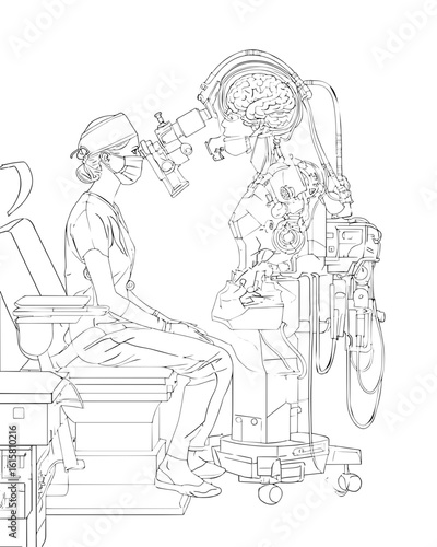 Minimal Vector Illustration of Robot-Assisted Neurosurgery with Surgeon Present