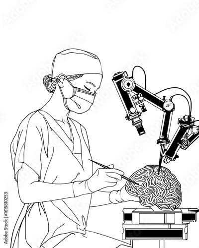 Minimal Vector Illustration of Robot-Assisted Neurosurgery with Surgeon Present