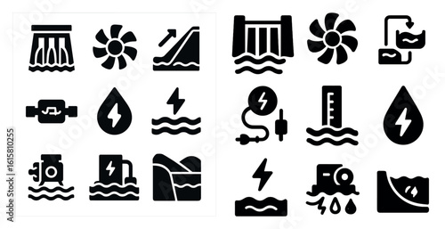 The image is a collection of black and white icons that represent various water-related activities and equipment. The icons include a water pump, a water slide, a water tower, a water meter