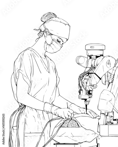 Minimal Vector Illustration of Robot-Assisted Neurosurgery with Surgeon Present