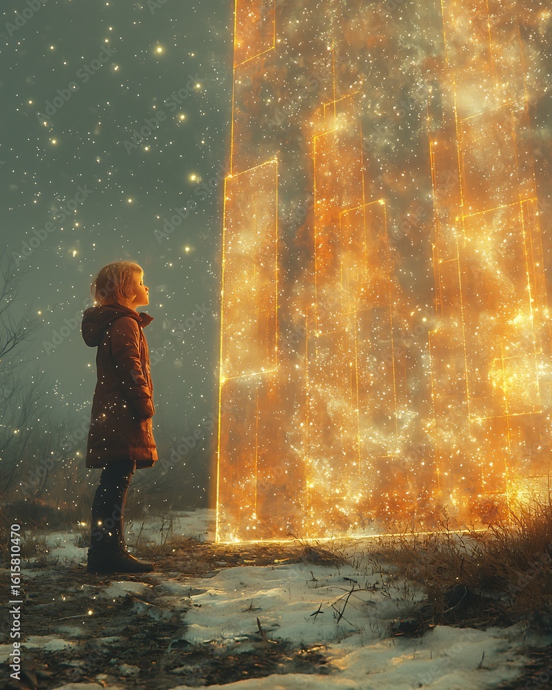 Obraz premium A child stands before a glowing portal to another dimension in the landscape