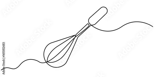 Balloon Whisk continuous one line drawing illustration. Whisk Continuous Line Art, Cooking whisk one line continuous drawing. One line ff kitchen tool balloon whisk. Editable Stroke