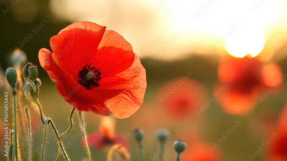 Fototapeta premium A vibrant red poppy bloom with delicate petals stands against a soft green background during golden hour sunset lighting