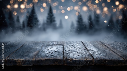Rustic wooden table, winter forest backdrop