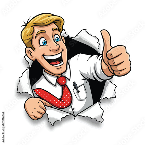 Thumbs up businessman breaking through a hole, success concept