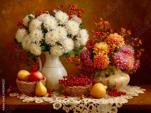 Autumn Floral Bouquet with Fresh Fruits on Lace-Covered Table Still Life