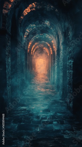 Walking Through Stone Archway with Glowing Light and Fog