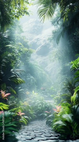 Walking the Jungle Path with Lush Greenery and Misty Light